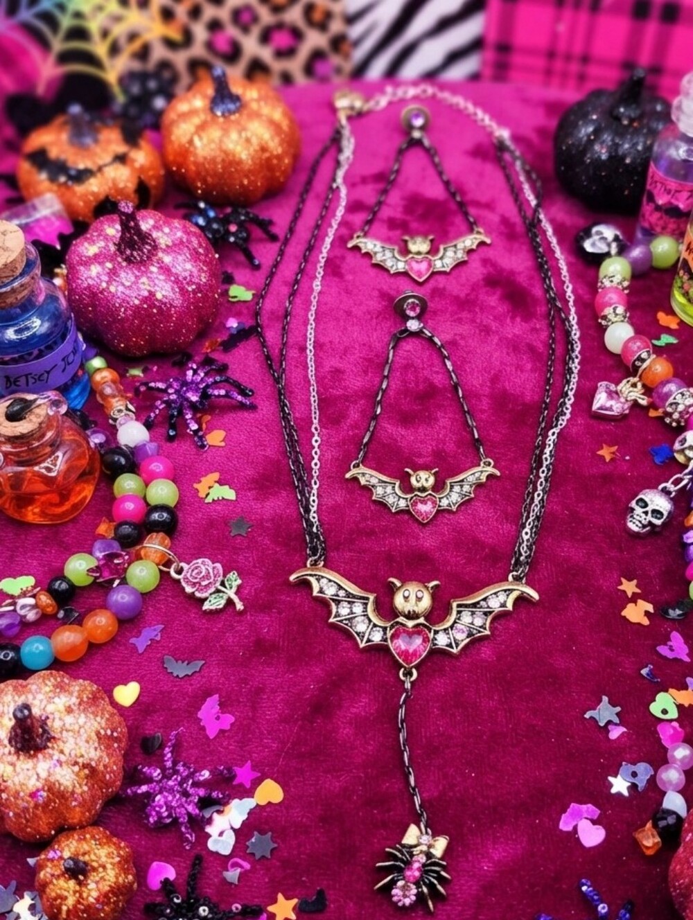 Vintage Betsey Johnson Creepy Critters Bat & Spider Necklace & Earrings Rare